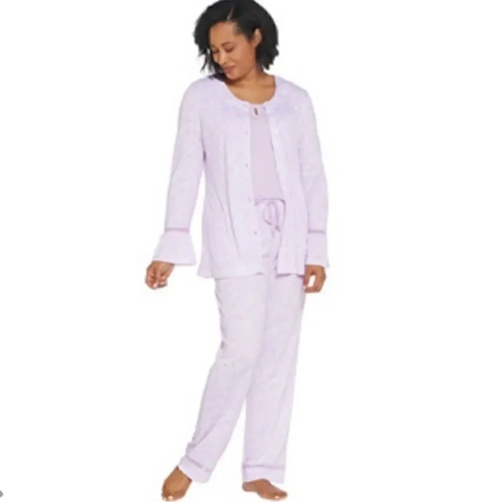 Carole Hochman 3piece Belle Sleeve Lace Trim Button-up Jacket Tank-top & Bottoms